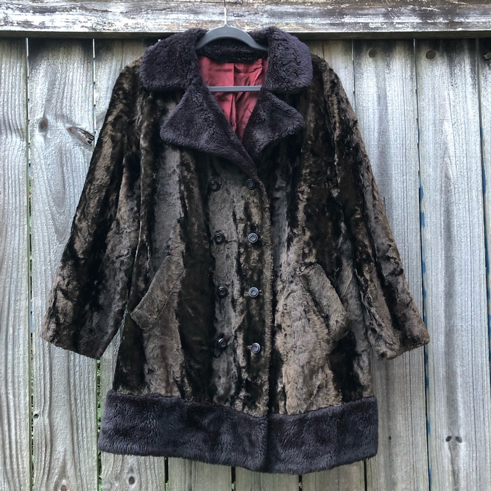 Vintage Fur Coat Double Breasted Mid Length Size XL Brown Black - Picture 2 of 16